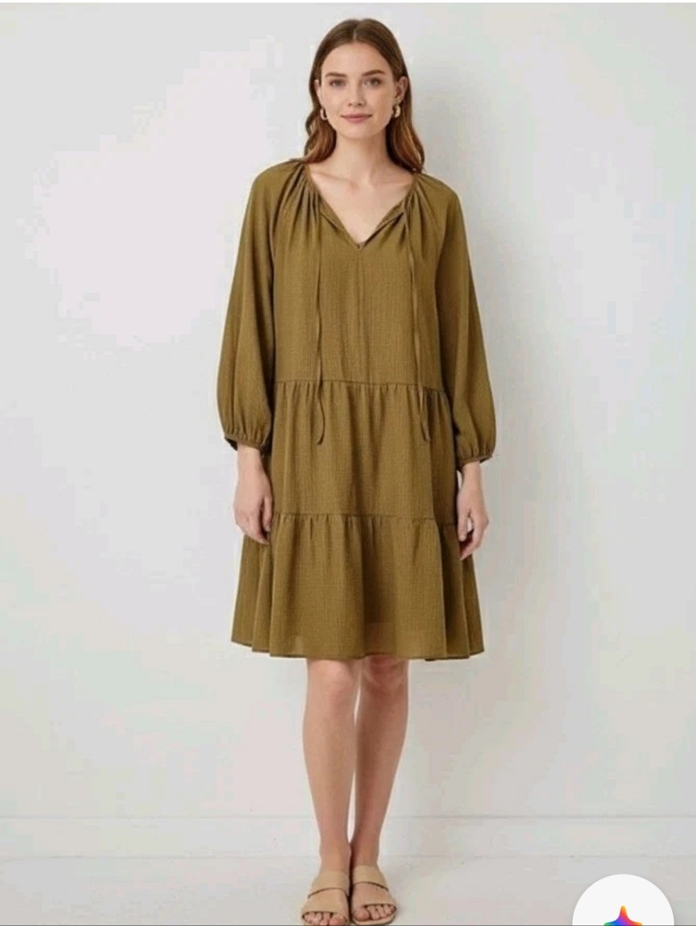 Banana Republic Olive Tiered V-Neck Long Sleeve Dress